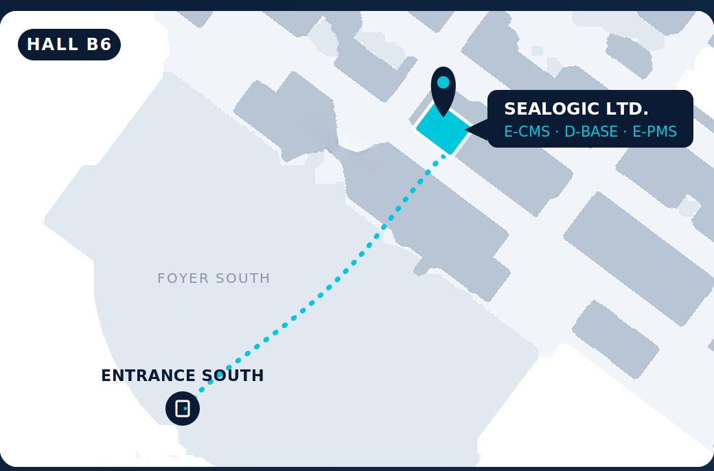 Hall B6 floor plan: Sealogic Ltd. at Stand B6.611, straight in from Entrance South, beside Start-ups@SMM
